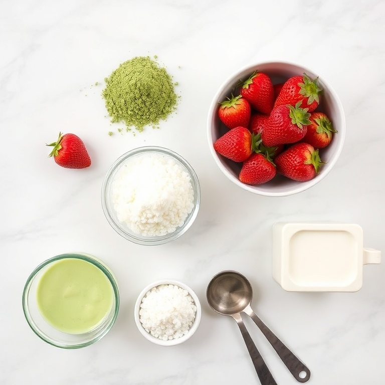 Overhead flat lay of strawberries, matcha powder, sago pearls, sugar, and coconut milk for Strawberry Matcha Sago Dessert. White marble surface, bright even light.