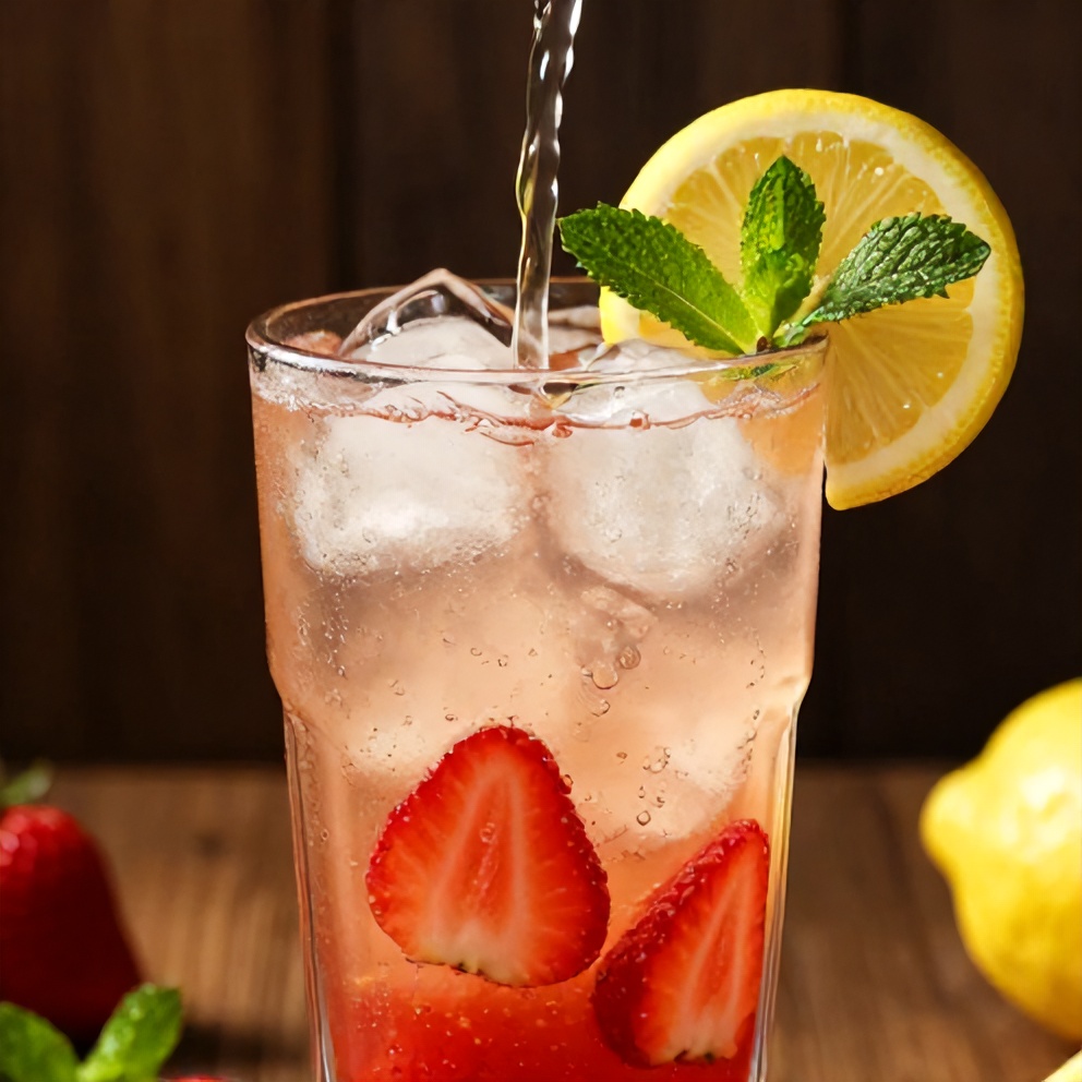 Strawberry mint lemonade poured into a glass with ice and a lemon wheel