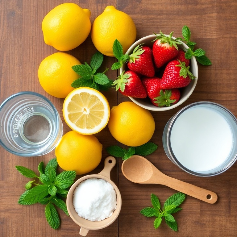 Strawberries, mint leaves, lemons, sugar, and water on a wooden surface