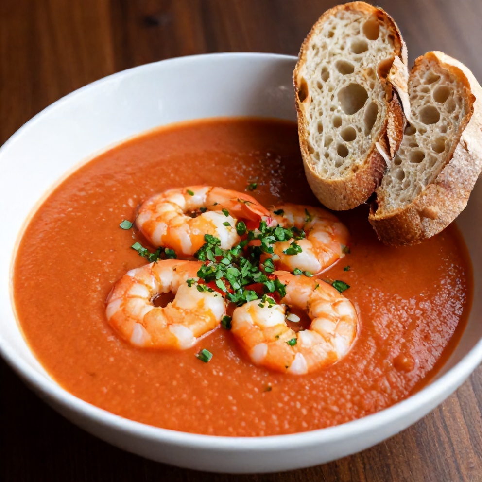 Bowl of chilled summer gazpacho with shrimp, served with crusty bread