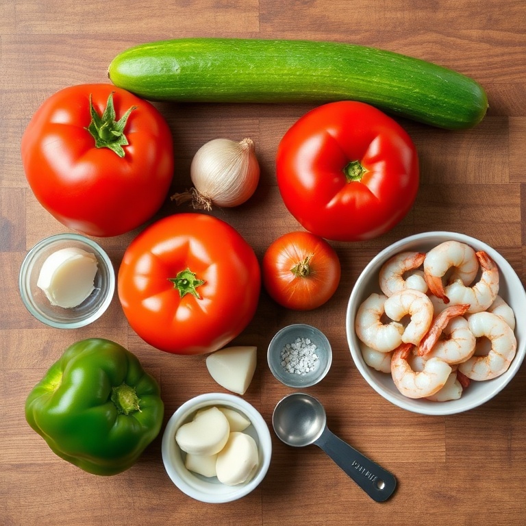Raw ingredients for summer gazpacho with shrimp laid out on a wooden surface
