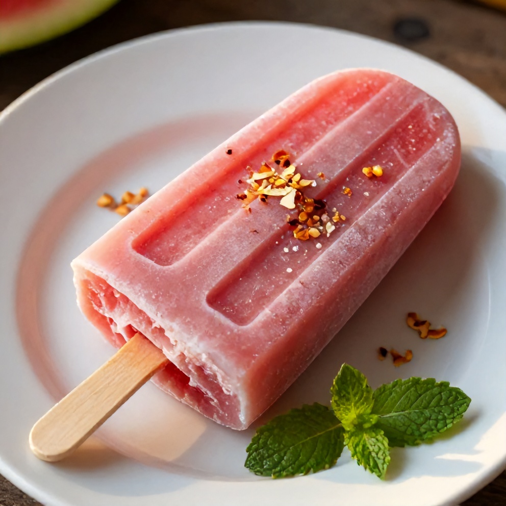 Watermelon coconut popsicle on a white plate