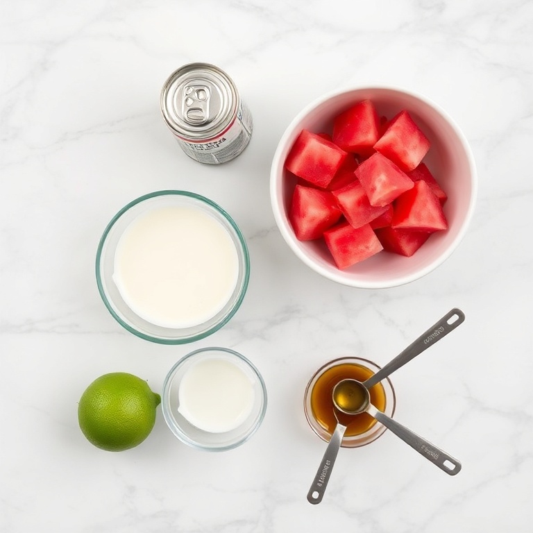 Watermelon, coconut milk, lime, and honey arranged on a wooden surface
