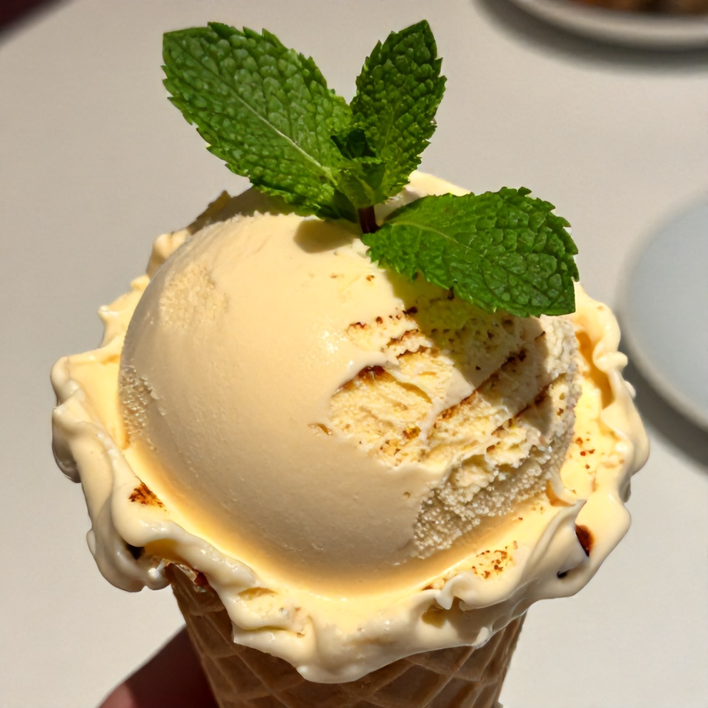 Scoop of roasted strawberry lime basil ice cream on a cone