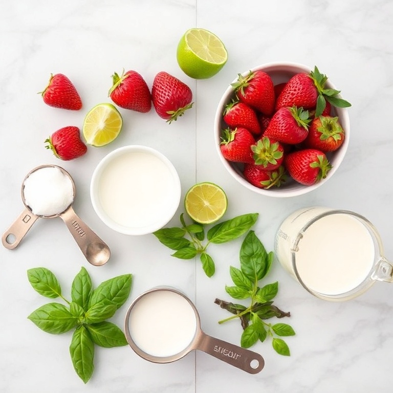 Fresh strawberries, lime, basil, and other ingredients for roasted strawberry lime basil ice cream