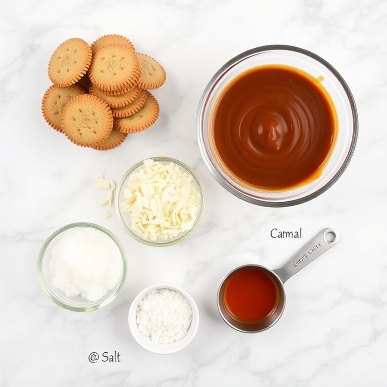 Raw ingredients for Samoa cookie pie on a white marble surface