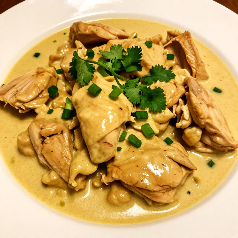 Plated slow cooker chicken curry with coconut milk
