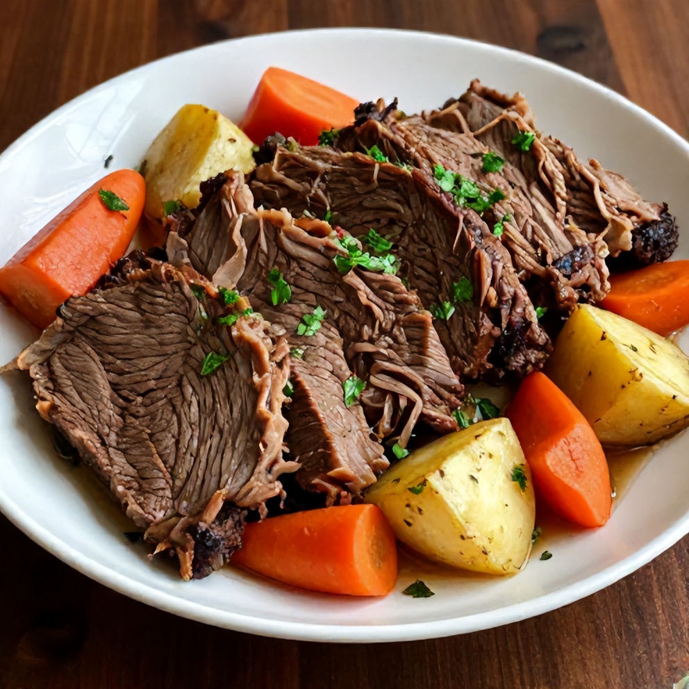 Plated slow cooker chuck roast with vegetables