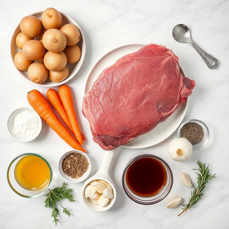 Raw ingredients for slow cooker chuck roast: chuck roast, potatoes, carrots, onions, garlic, beef broth, salt, pepper, thyme, rosemary