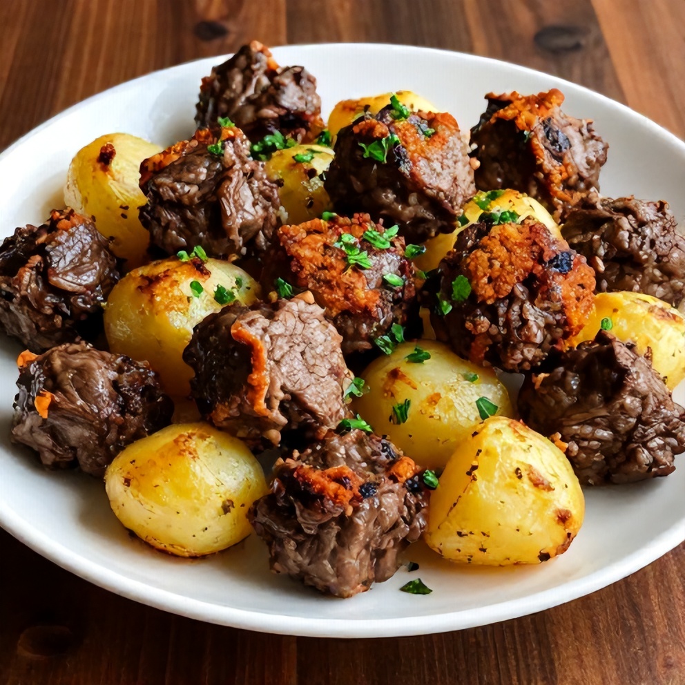Plated serving of slow cooker garlic butter beef bites with potatoes