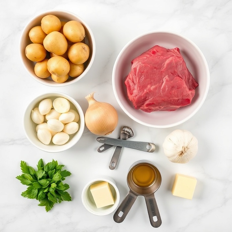 Raw ingredients for slow cooker garlic butter beef bites with potatoes