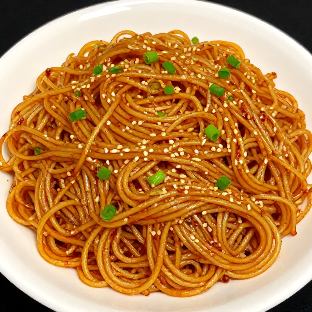 Plated Spicy Potato Noodles with Garlic and Chili Sauce