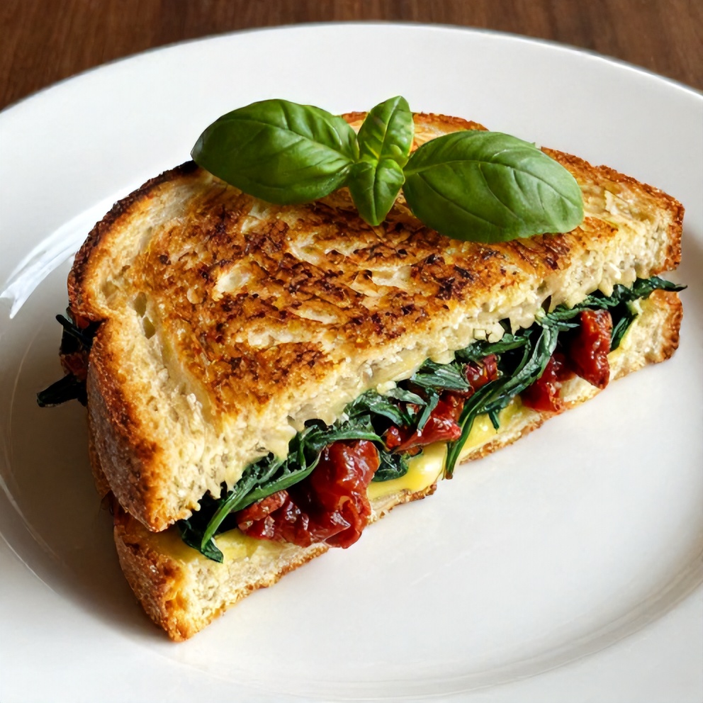 Plated sun-dried tomato spinach grilled cheese sandwich