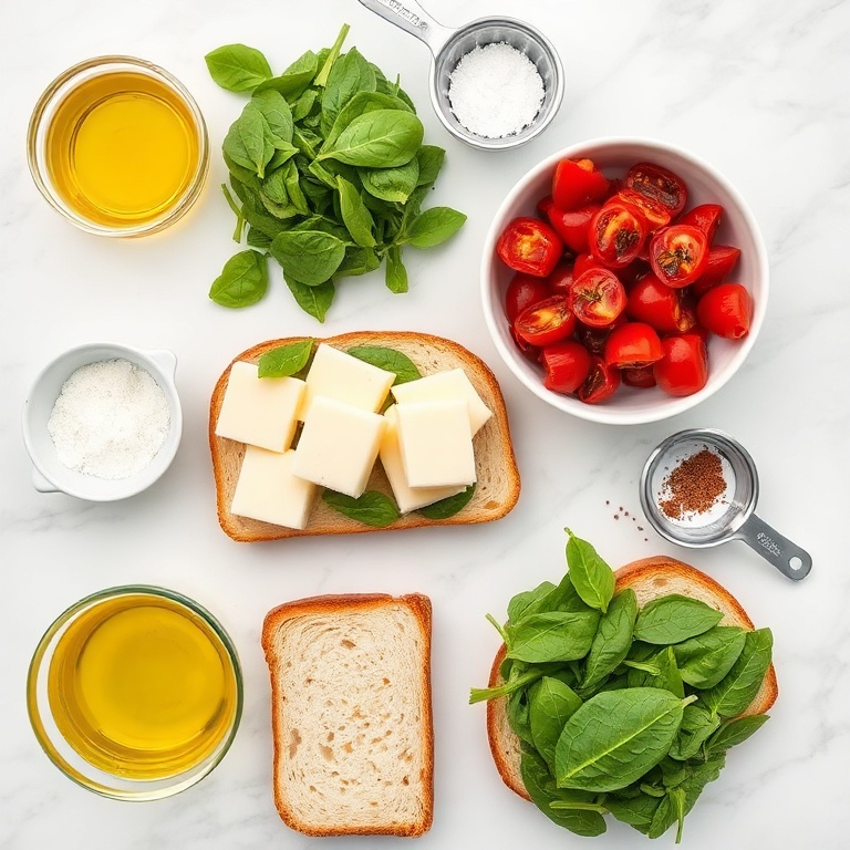 Raw ingredients for sun-dried tomato spinach grilled cheese
