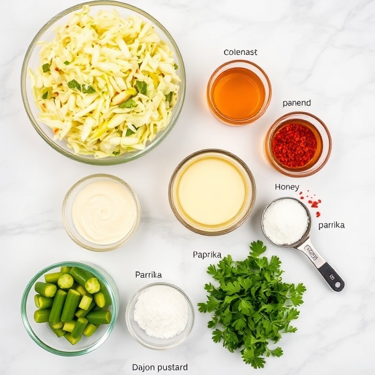 Ingredients for Sweet and Spicy Pickle Slaw on a marble surface