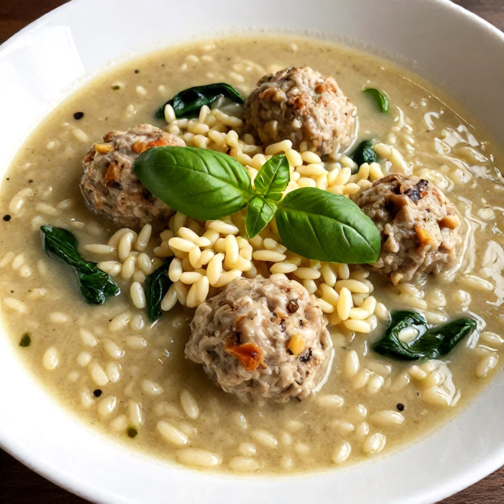 Plated serving of Turkey Meatball Soup with Orzo and Spinach