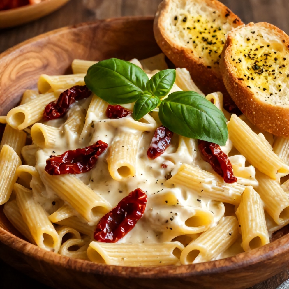 Plated creamy vegan sun dried tomato pasta with a side of garlic bread, garnished with fresh basil.