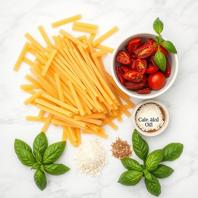 Raw ingredients for vegan sun dried tomato pasta: pasta, sun dried tomatoes, garlic, nutritional yeast, olive oil, salt, pepper, and fresh basil.