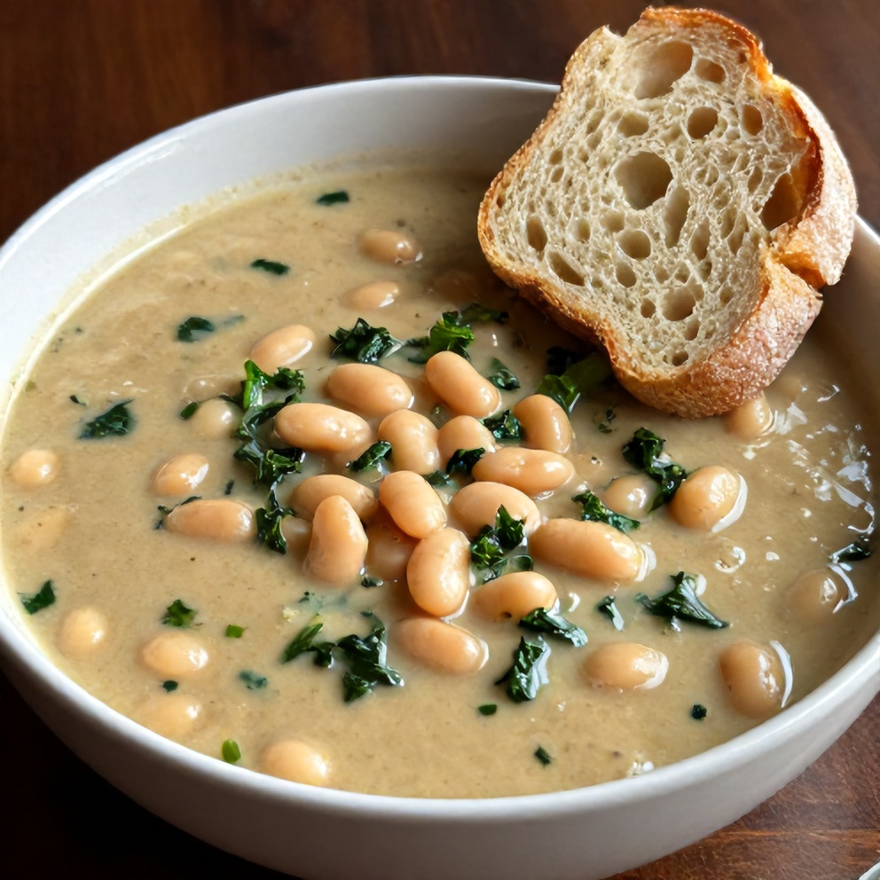 Bowl of White Bean and Kale Soup with Crusty Bread