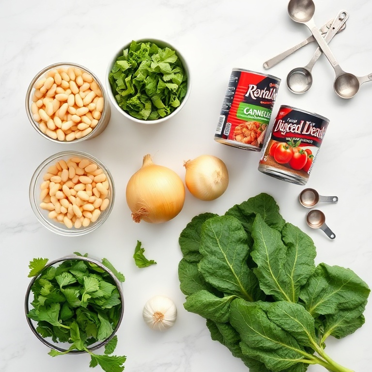 White Bean and Kale Soup Ingredients on Marble Counter