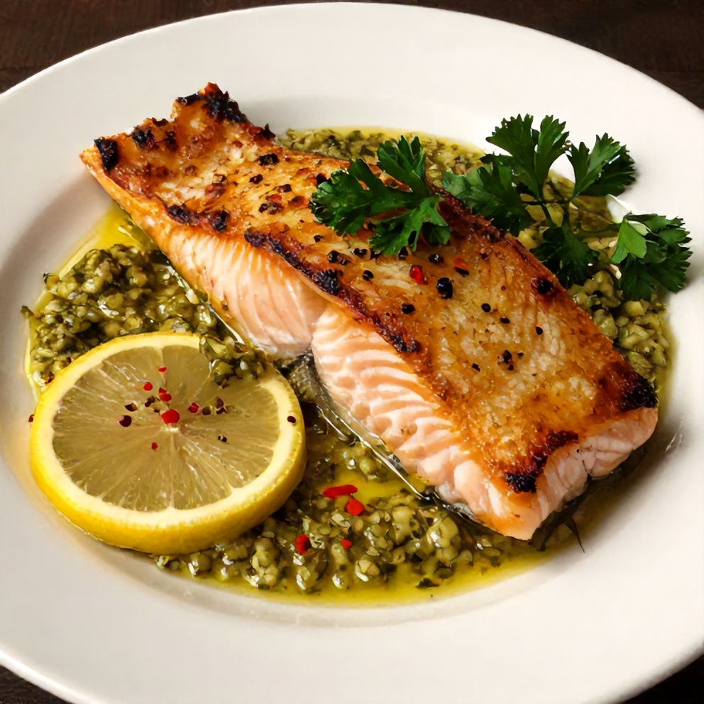 Plated Baked Salmon with Lemon Caper Butter
