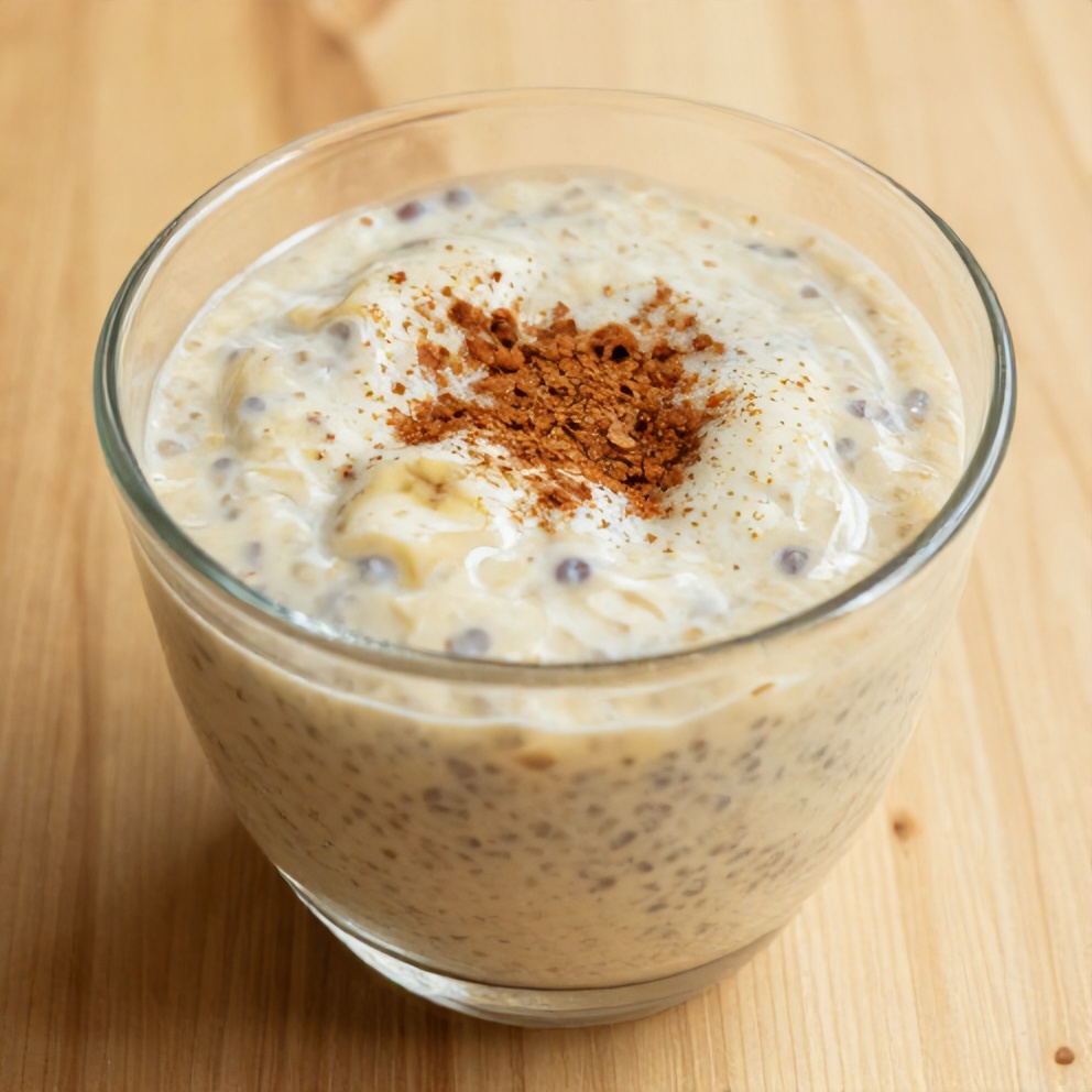 Plated Banana Chia Honey Milk Pudding with a sprinkle of cinnamon