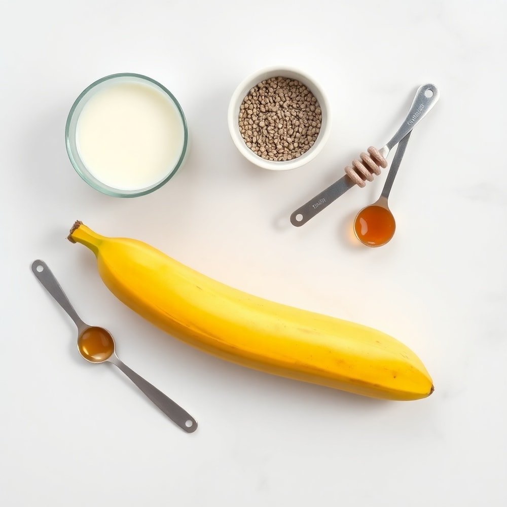 Banana, chia seeds, honey, and milk arranged in a flat lay