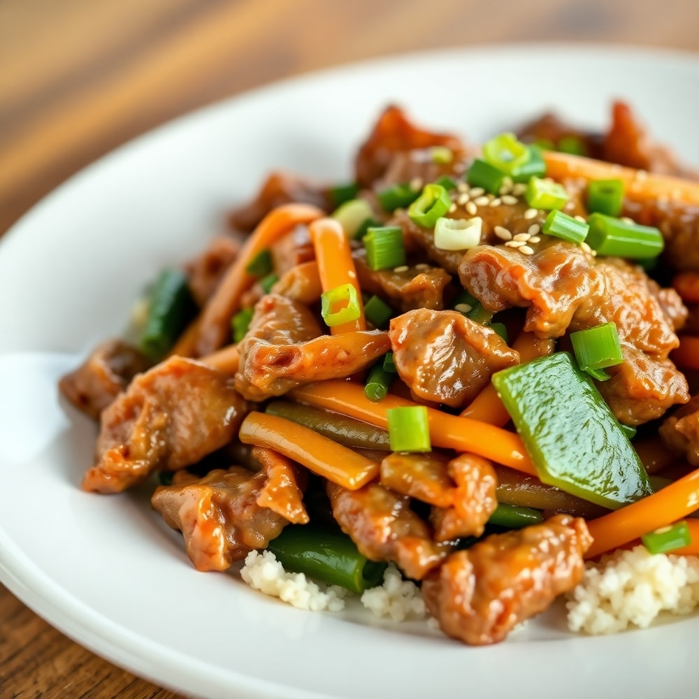 Beef stir fry with vegetables plated on a white dish with green garnish