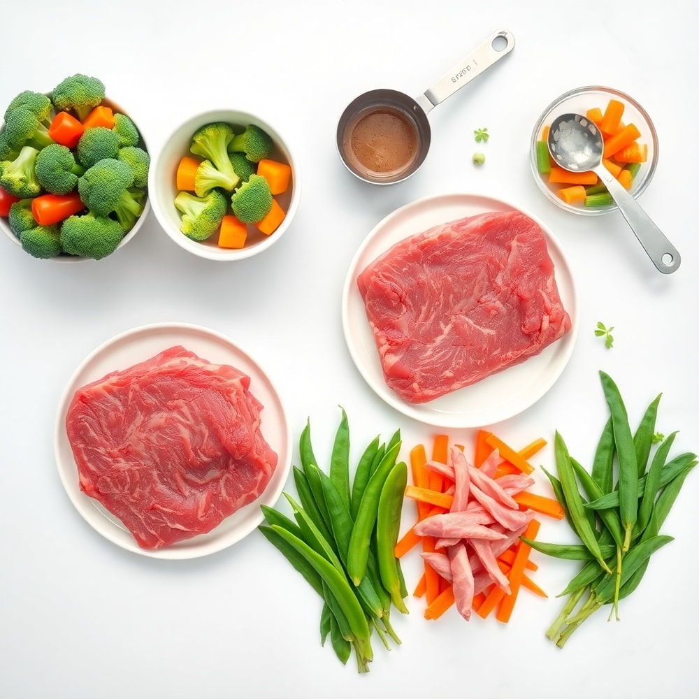 Raw beef and vegetables arranged in a flat lay on a white marble surface