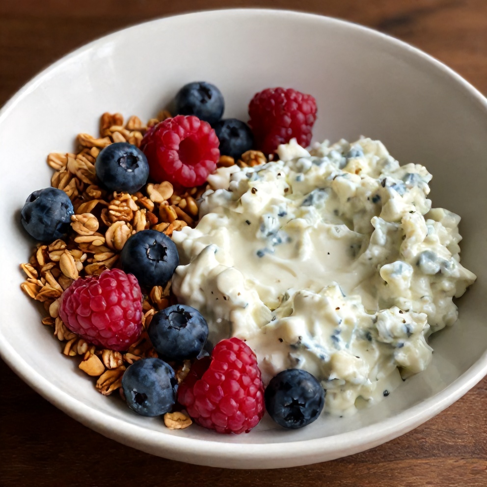 Berry cottage cheese bowl with granola and fresh berries, served in a bowl