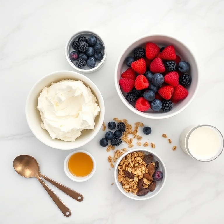 Raw ingredients for berry cottage cheese bowl: cottage cheese, mixed berries, granola, honey, almond milk
