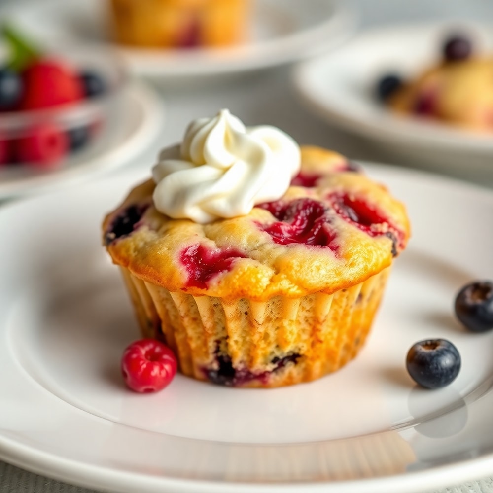 Plated berry cream cheese muffin with a dollop of whipped cream
