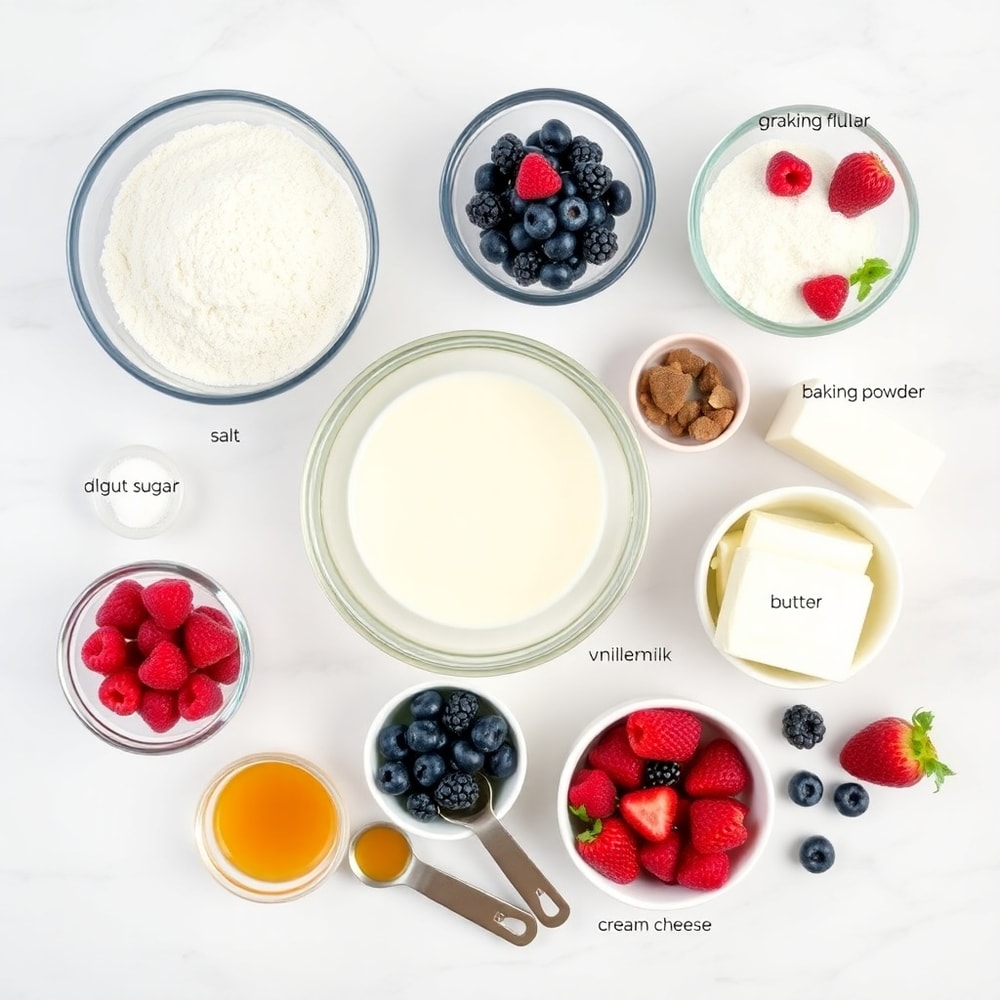 Raw ingredients for berry cream cheese muffins on a marble surface