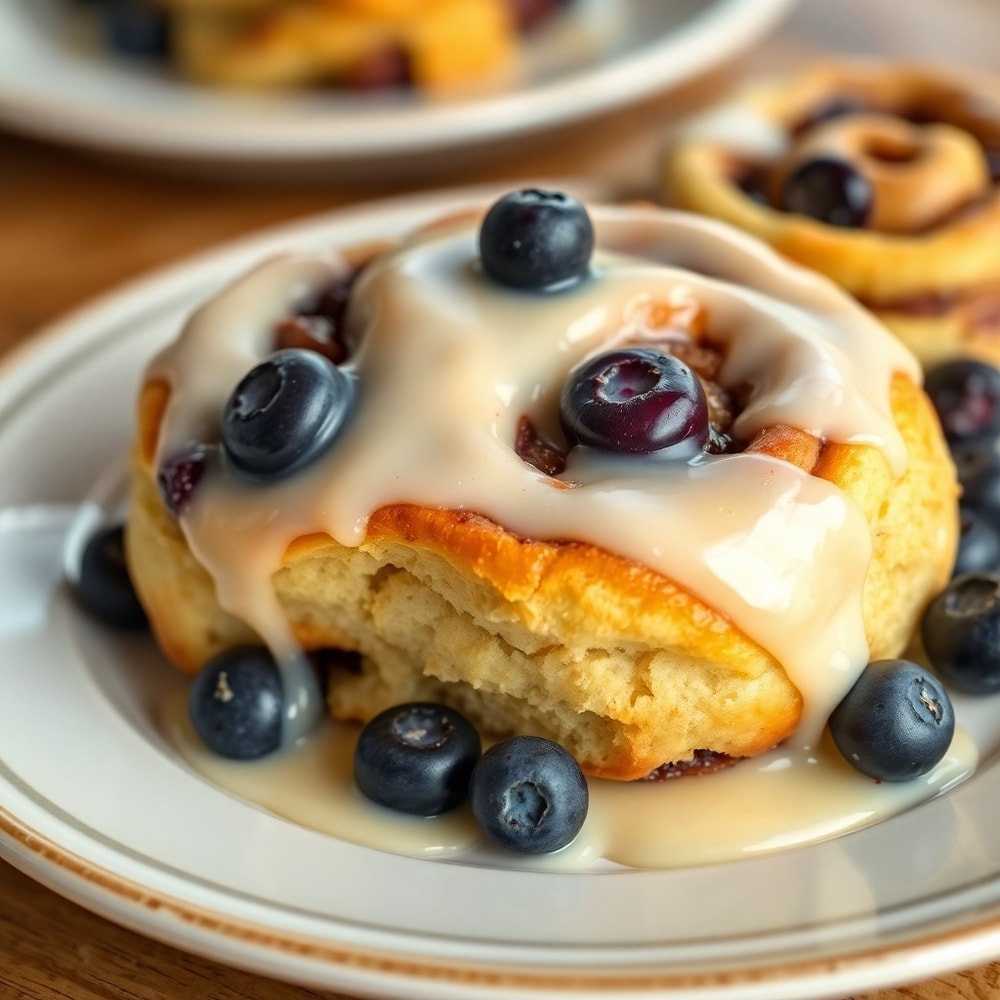 Blueberry Cinnamon Rolls plated with melted icing