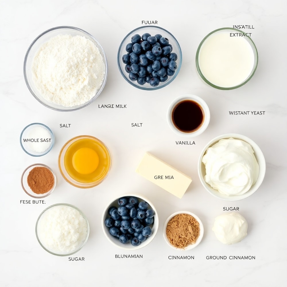 Raw ingredients for Blueberry Cinnamon Rolls including flour, blueberries, and cinnamon