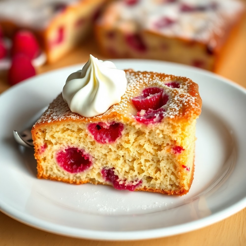 Slice of Raspberry Bread on a white plate with a dollop of whipped cream