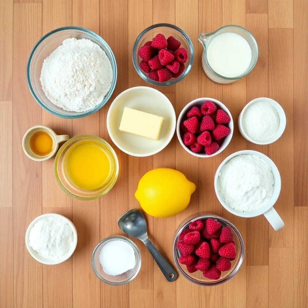 Raspberries, flour, sugar, eggs, butter, lemon, vanilla, baking powder, salt, arranged on a wooden surface