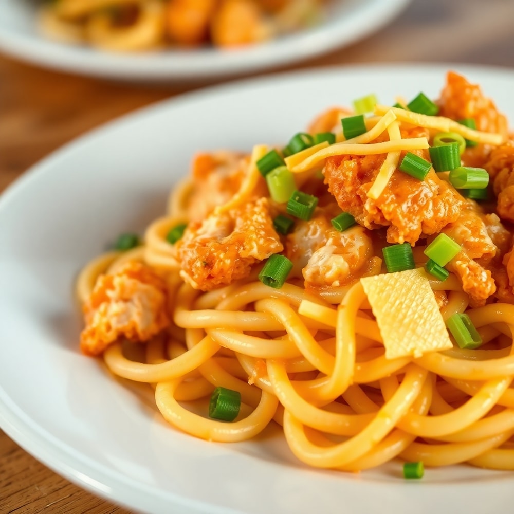 Plated serving of creamy buffalo chicken pasta