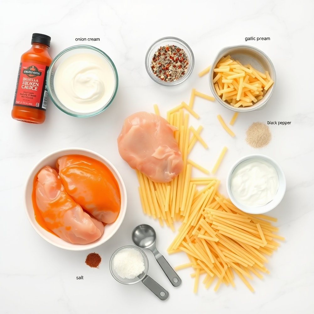 Raw ingredients for buffalo chicken pasta on a wooden surface
