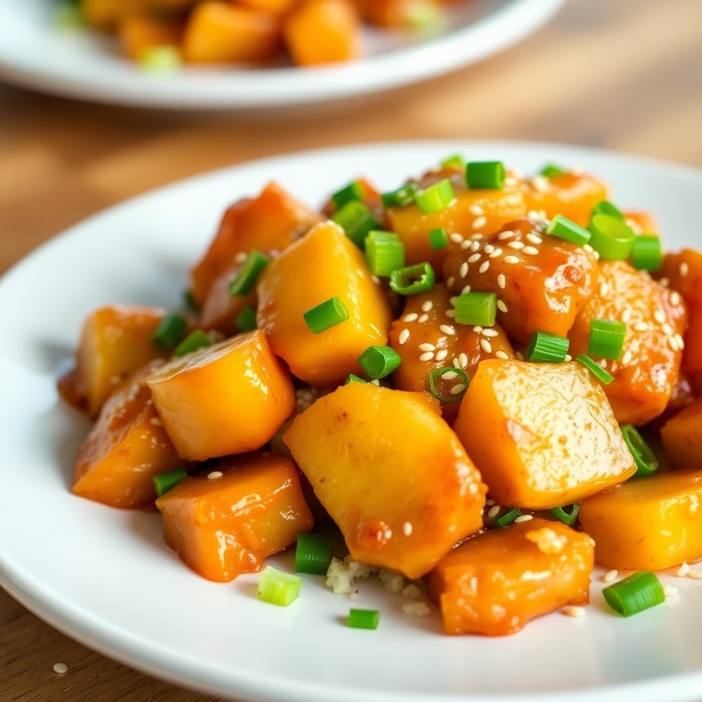 Plated Pineapple Chicken with green onions and sesame seeds