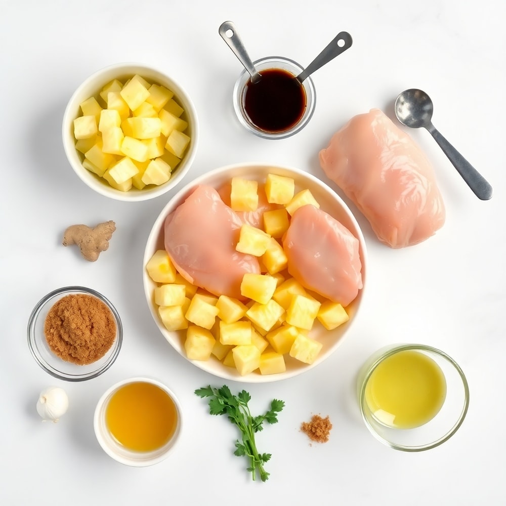 Raw ingredients for Pineapple Chicken on a white marble surface