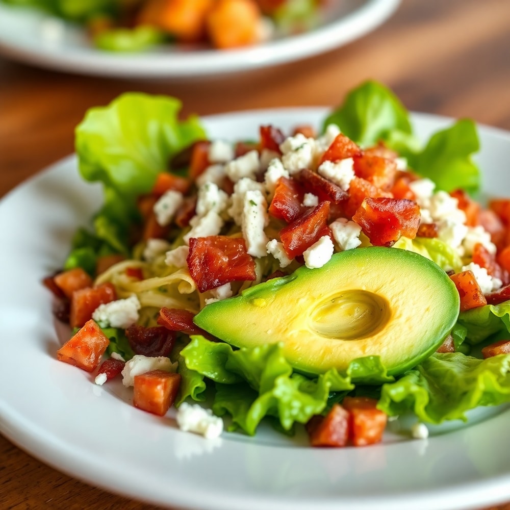 Plated Beverly Hills Chopped Salad with crispy romaine and creamy avocado