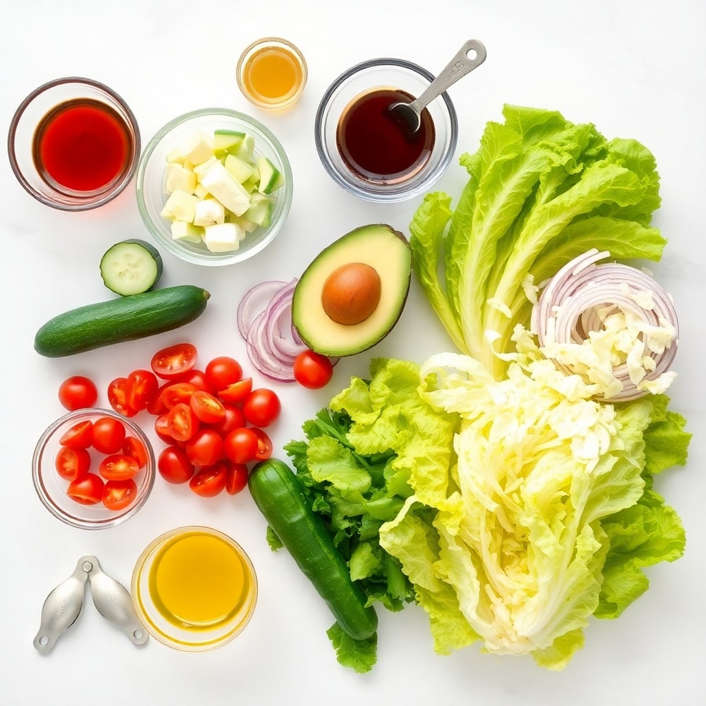 Raw ingredients for Beverly Hills Chopped Salad on a marble surface
