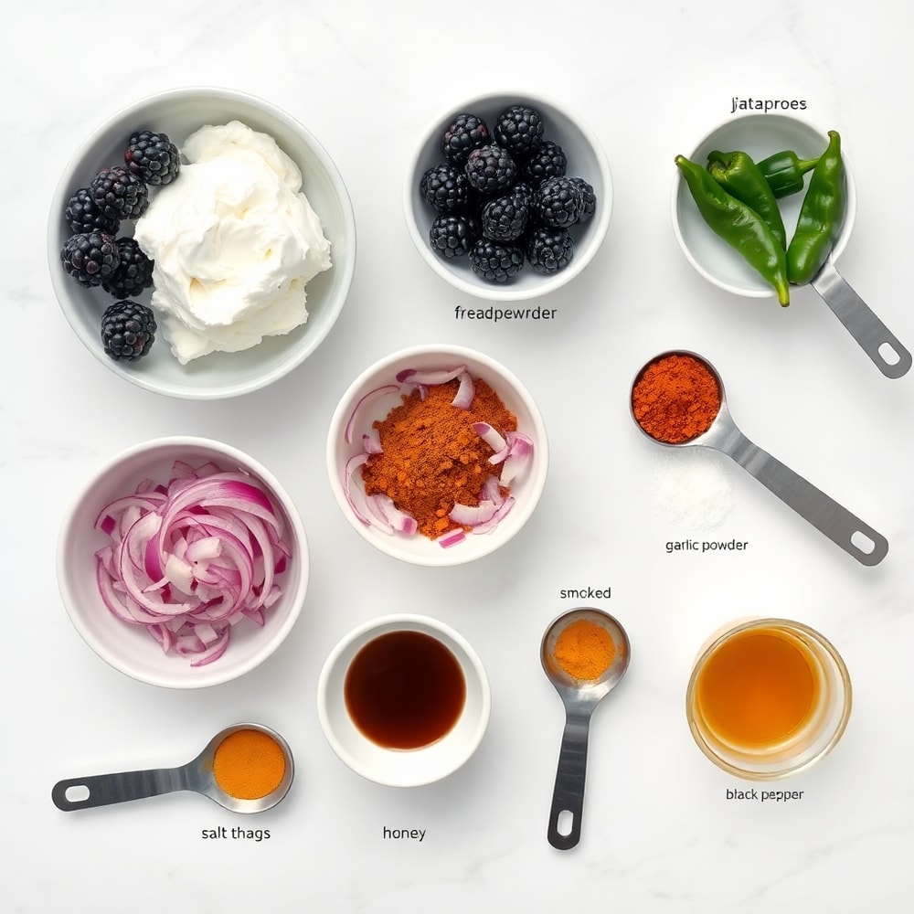 Raw ingredients for Blackberry Jalapeño Cowboy Caviar Cheese Log