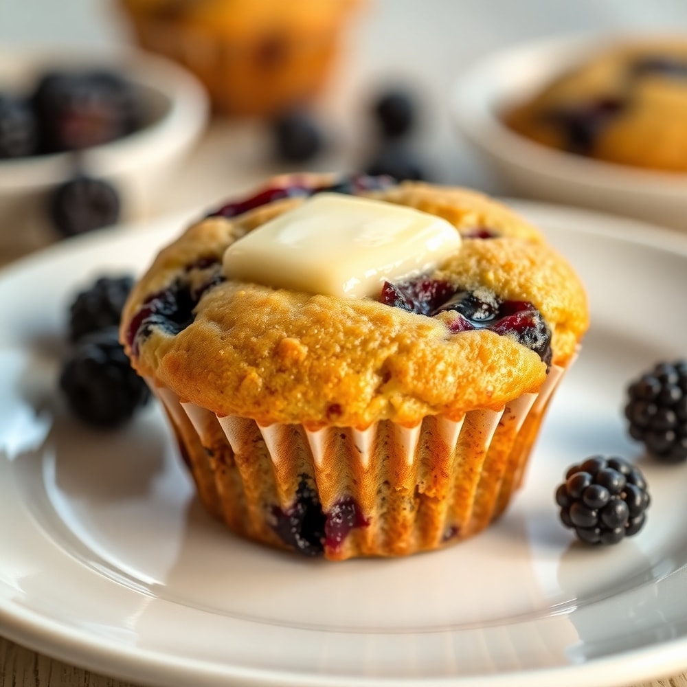 Plated blackberry muffin with a pat of butter melting on top