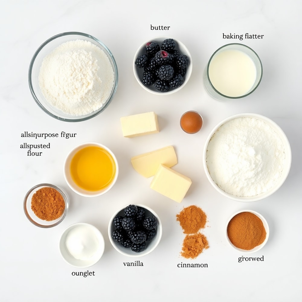 Raw ingredients for blackberry muffins including fresh blackberries, flour, and sugar