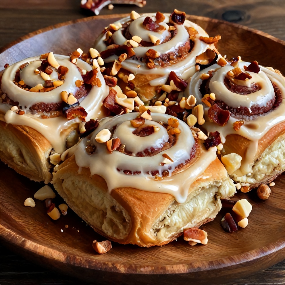 Plated Bourbon Maple Bacon Cinnamon Rolls with Candied Bacon