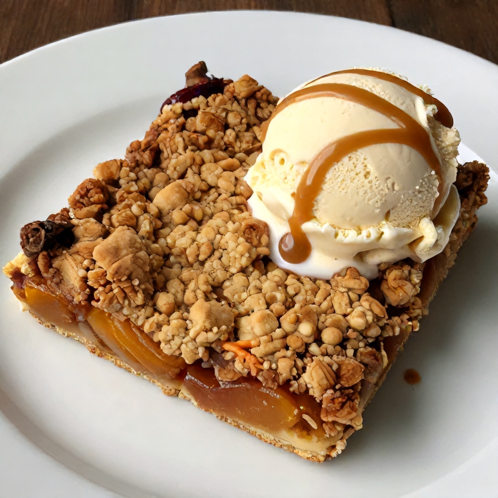 Plated Brown Butter Nectarine Crumble Bars with a scoop of vanilla ice cream