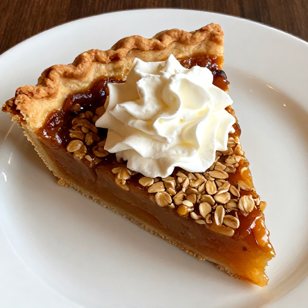 Slice of burnt honey pie with flaky oat crust on a white plate