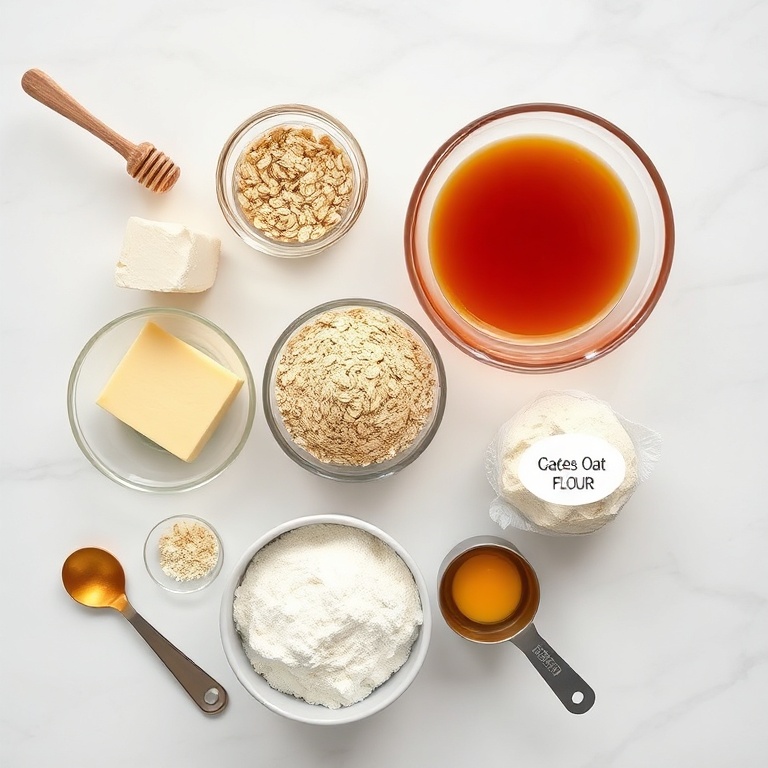 Raw ingredients for burnt honey pie with flaky oat crust on a marble surface